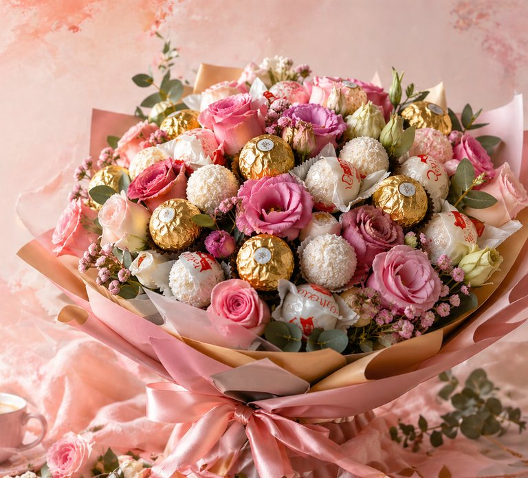 Puokštė iš rožių ir Ferrero Rocher saldainių su rožinės šilkinės juostos kaspinu, šalia rožinis kavos puodelis ir dovanų dėžutė.